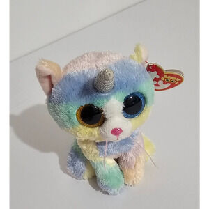 Ty Silk Beanie Boos Heather Cat Unicorn Rainbow Plush Kitten Gold and Blue Eyes